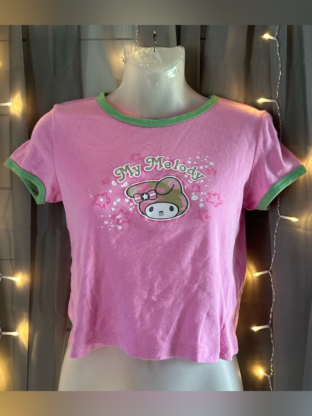 Y2K 2007 Sanrio my melody pink and green baby tee Sz 10/12